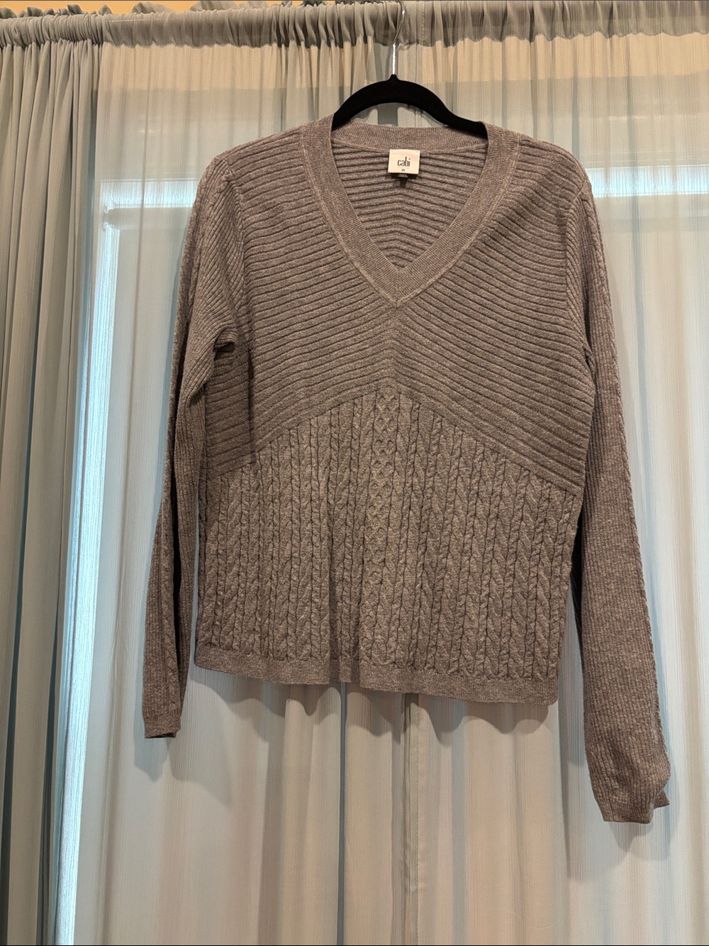 CAbi No Doubt Fall ‘25 Gray V-Neck Cable & Rib Knit Sweater